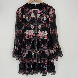 Bebe Bell Sleeve Dress Women's Small Black‎ Pink Floral Chiffon Clara Ruffle